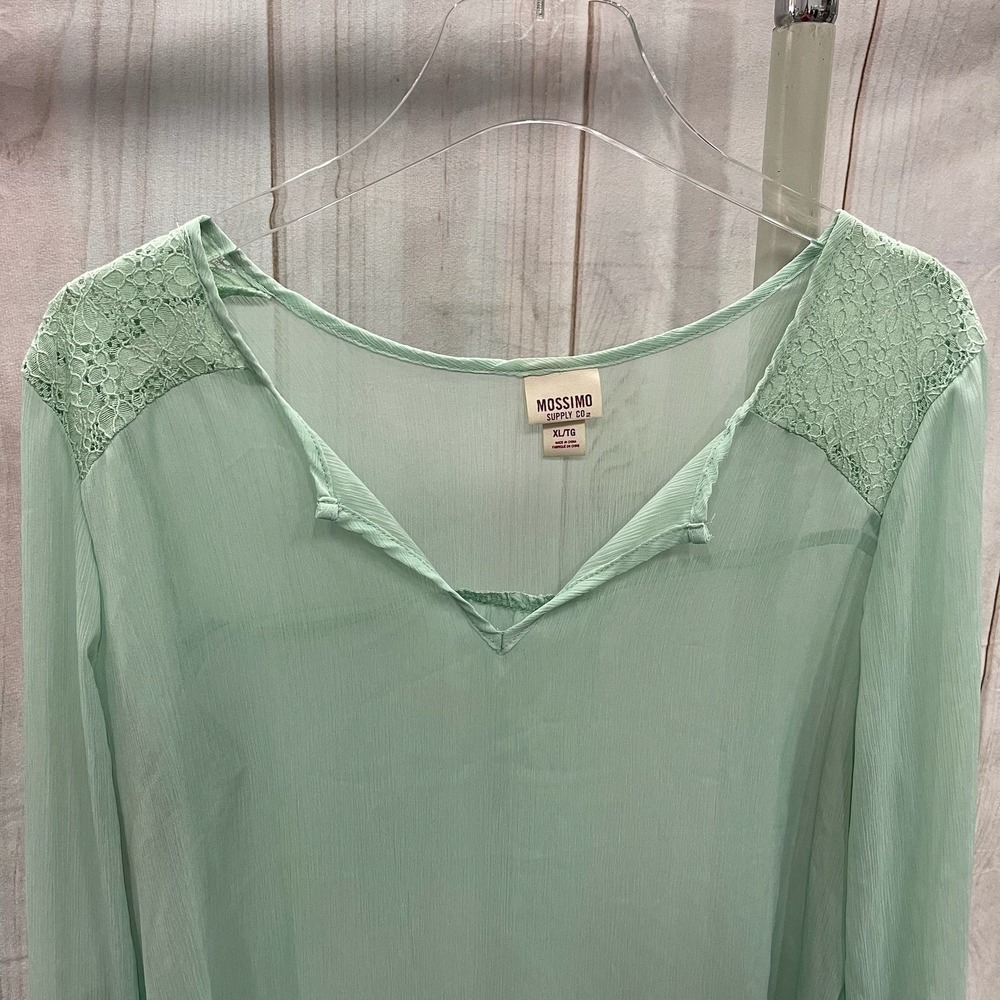 Mossimo Mint Green Lace Shoulder Roll Tab Sleeve Sheer Blouse XL - Picture 3 of 7